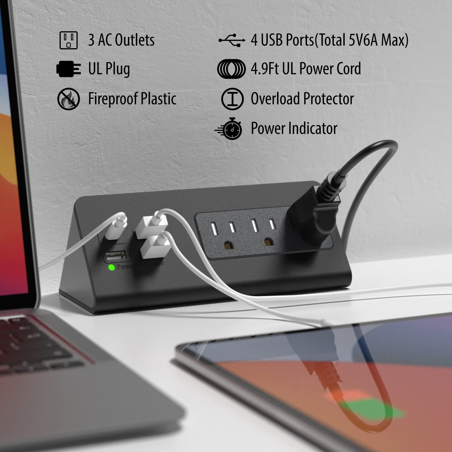 Nightstand Edge Mount Power Strip with USB-C Ports Tabletop Surge Protector Desk