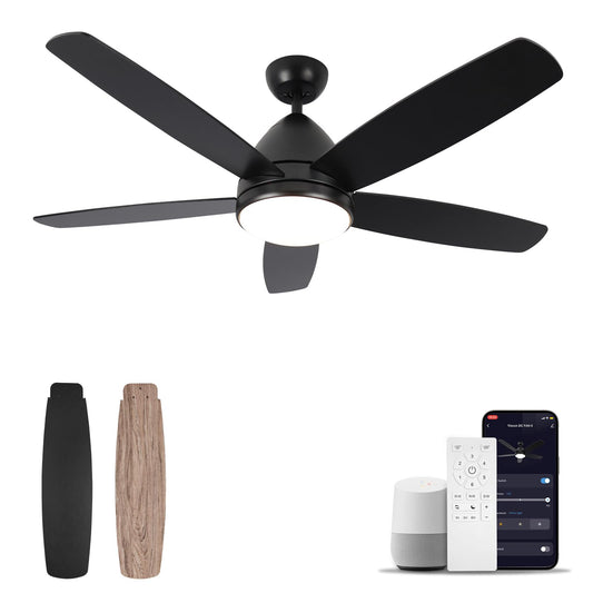 Viossn Smart Ceiling Fan with Light, 52 Inch Modern Black Outdoor Ceiling Fan and Remote/App