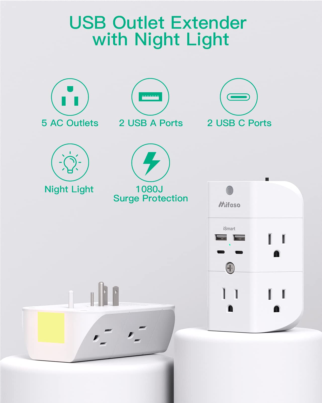Surge Protector Outlet Extender - with Night Light