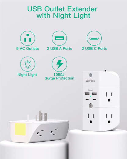 Surge Protector Outlet Extender - with Night Light