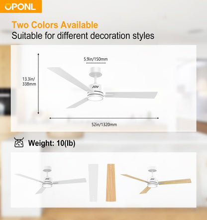 OPONL White Ceiling Fan with Light 52inch Low Profile Remote Control