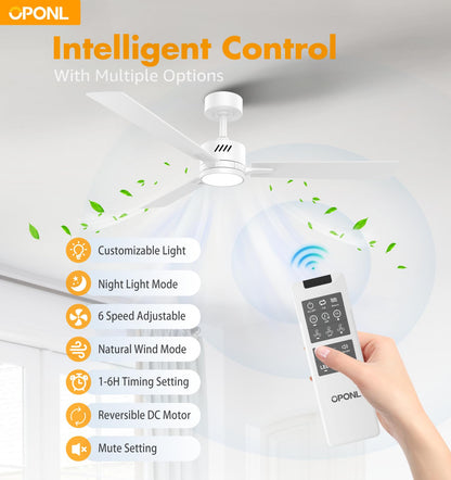 OPONL White Ceiling Fan with Light 52inch Low Profile Remote Control