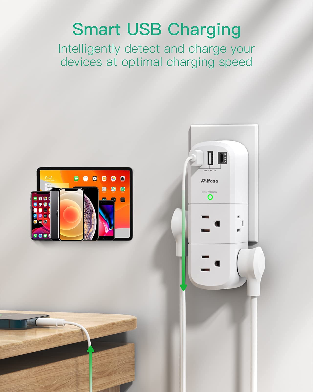 Outlet Extender with Rotating Plug, Mifaso Surge Protector 6 AC