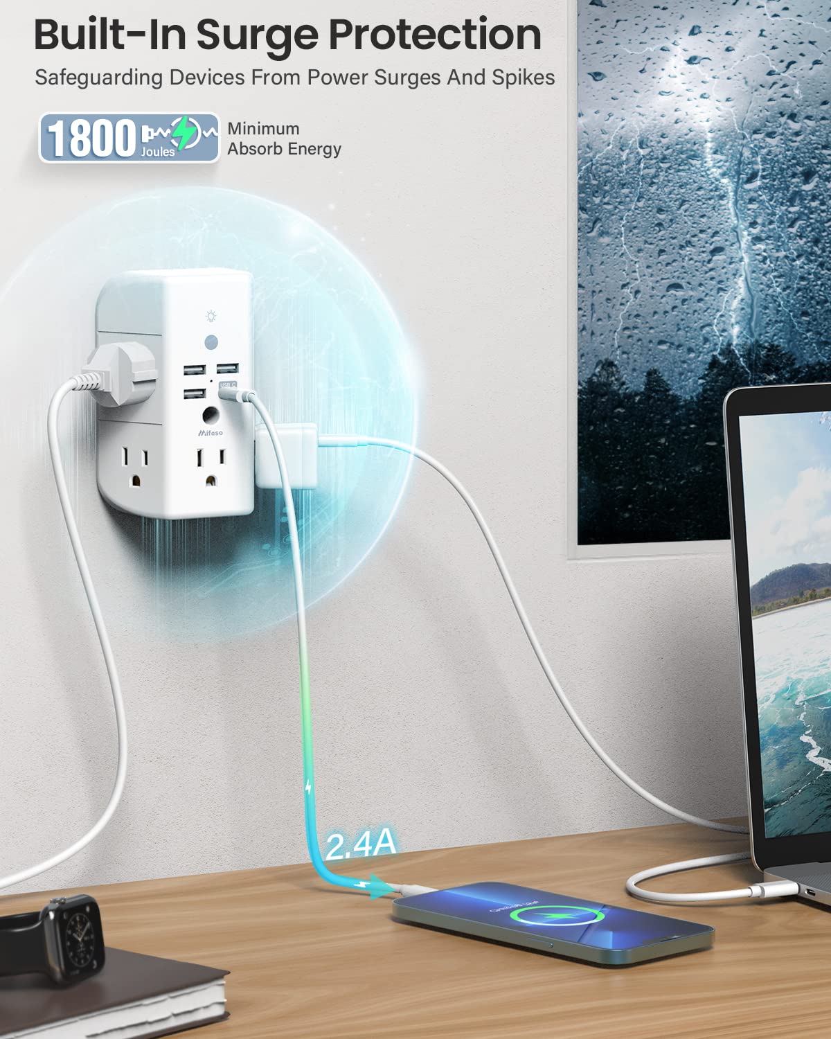 Mifaso 3-Sided Multi Plug Power Strip Wall Extender with Shelf