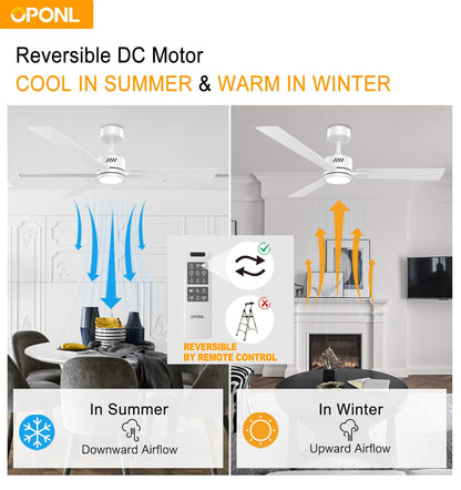 OPONL White Ceiling Fan with Light 52inch Low Profile Remote Control