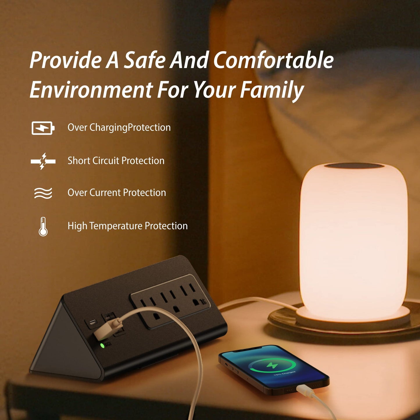 Nightstand Edge Mount Power Strip with USB-C Ports Tabletop Surge Protector Desk