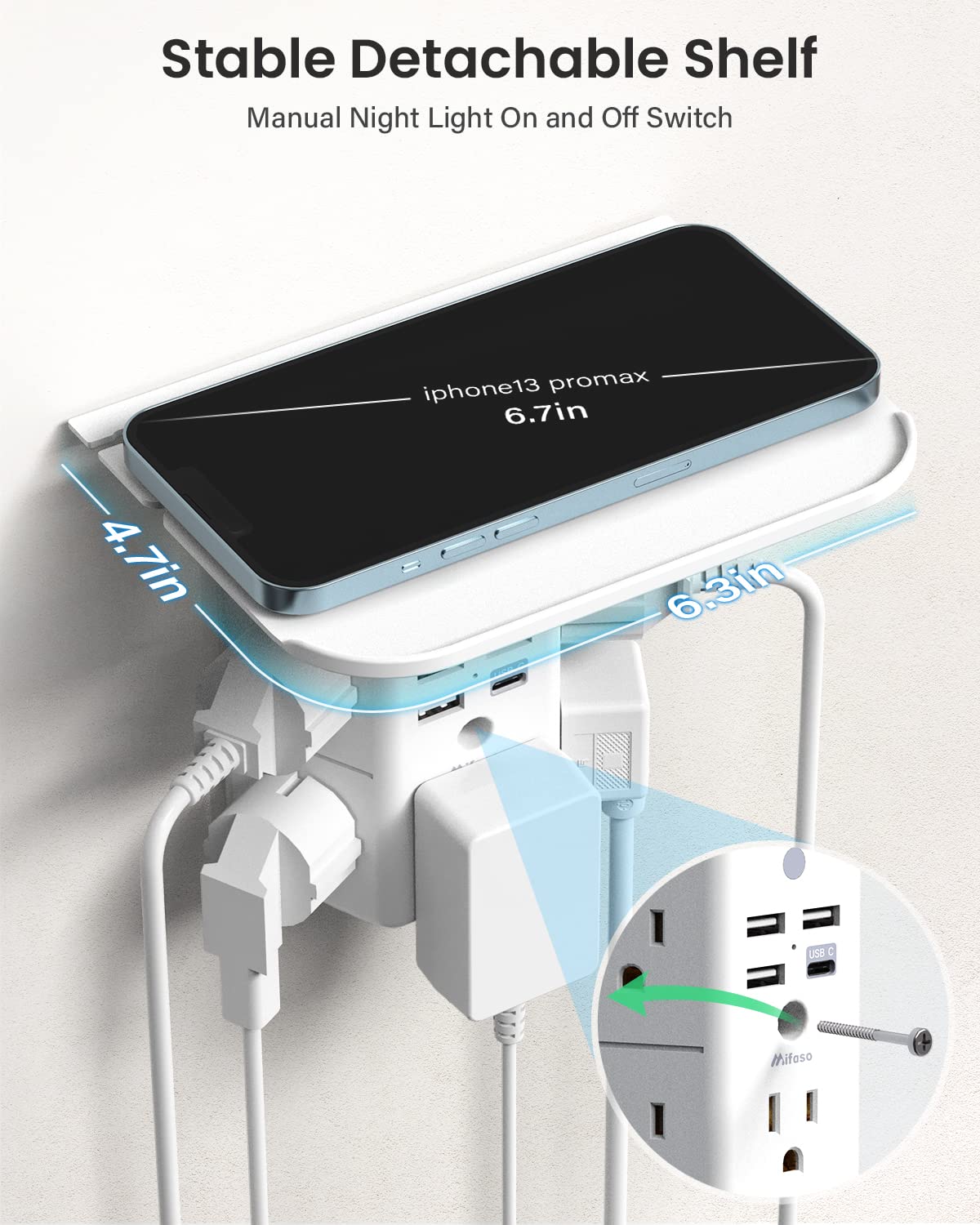 Mifaso 3-Sided Multi Plug Power Strip Wall Extender with Shelf