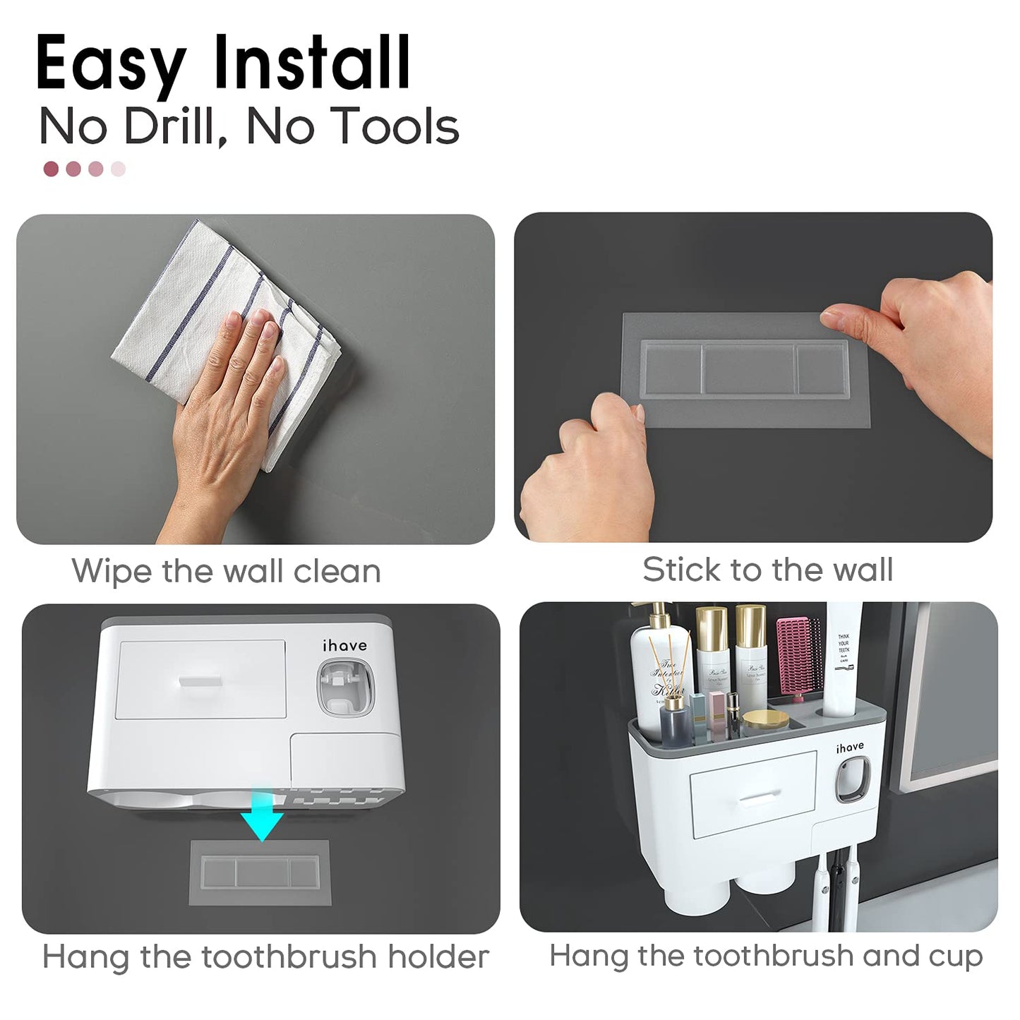 iHave Toothbrush Holders for Bathrooms, 2 Cups Toothbrush Holder Wall Mounted