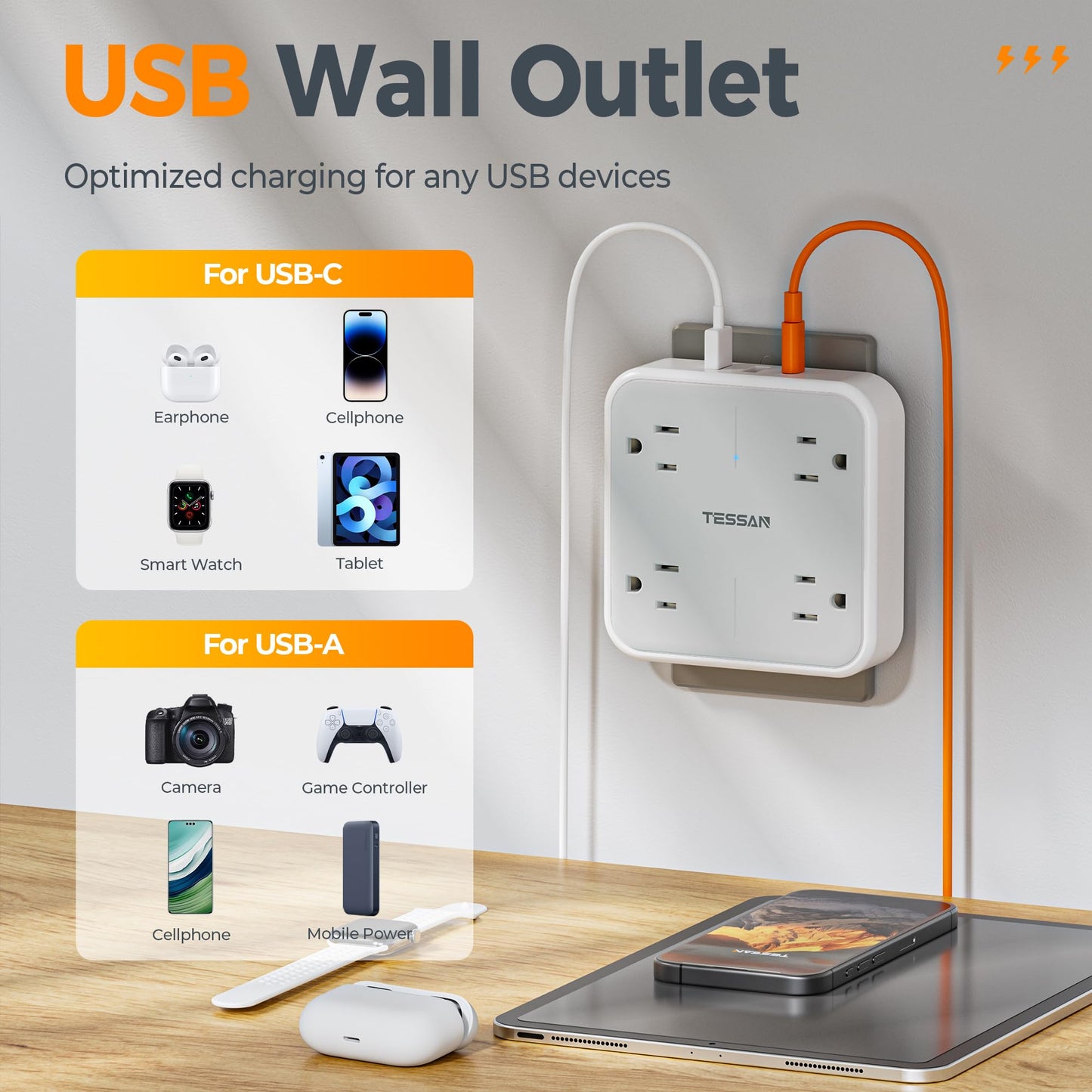 Multi Plug Outlet Extender, TESSAN Surge Protector Splitter with 3 USB