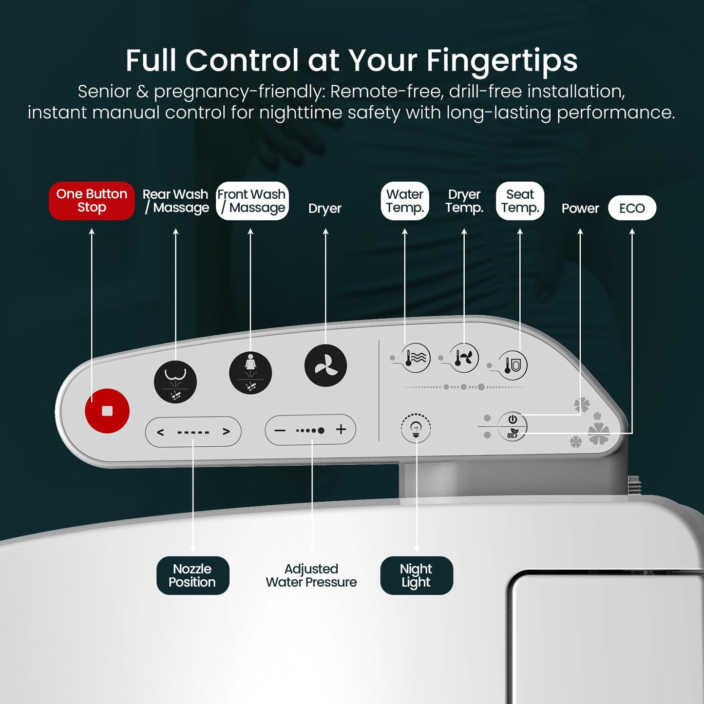 R&T V2601 Electric Bidet Seat For Elongated Toilet, Smart Toilet Seat with Heated Seat