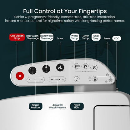 R&T V2601 Electric Bidet Seat For Elongated Toilet, Smart Toilet Seat with Heated Seat