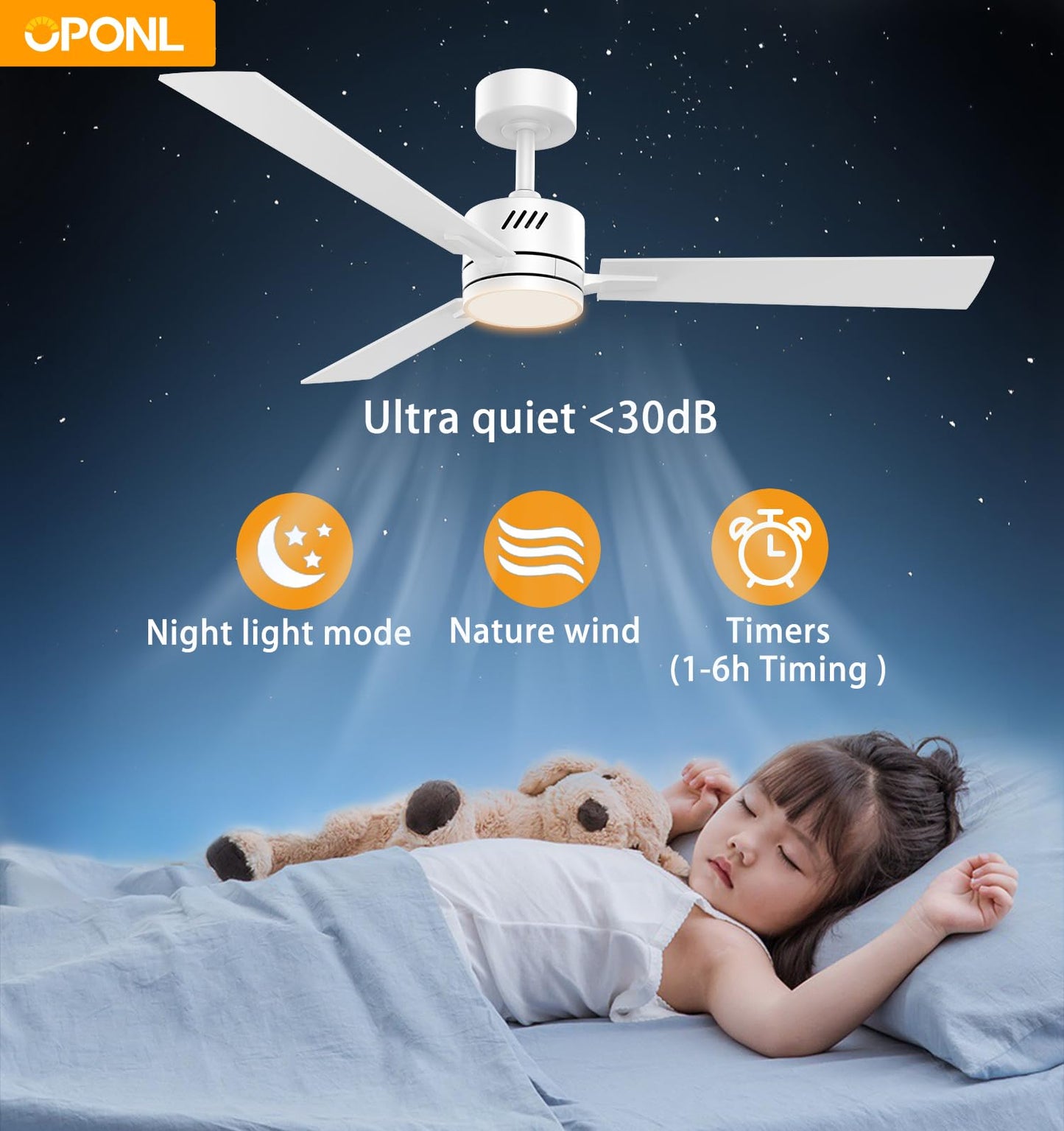 OPONL White Ceiling Fan with Light 52inch Low Profile Remote Control