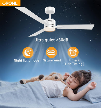 OPONL White Ceiling Fan with Light 52inch Low Profile Remote Control