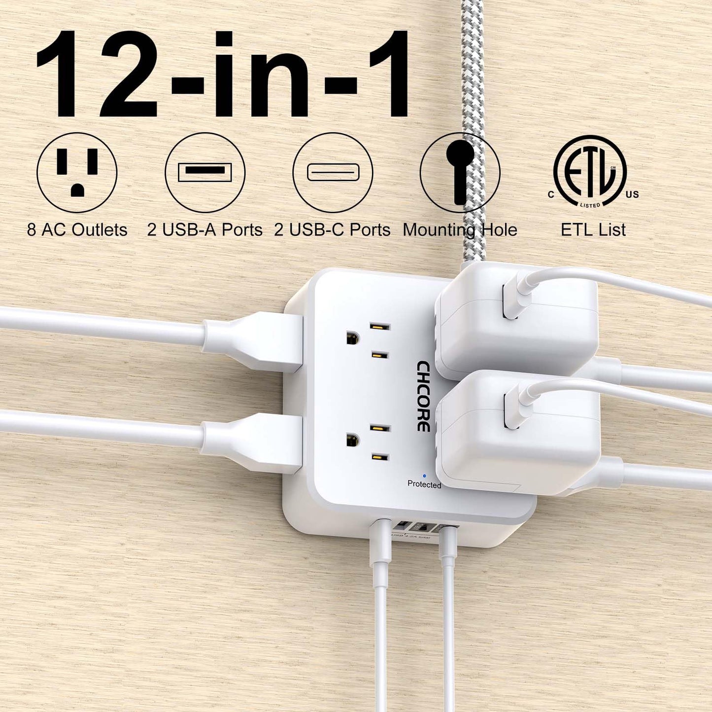 Surge Protector Power Strip - CHCORE 5Ft Braided Extension Cord