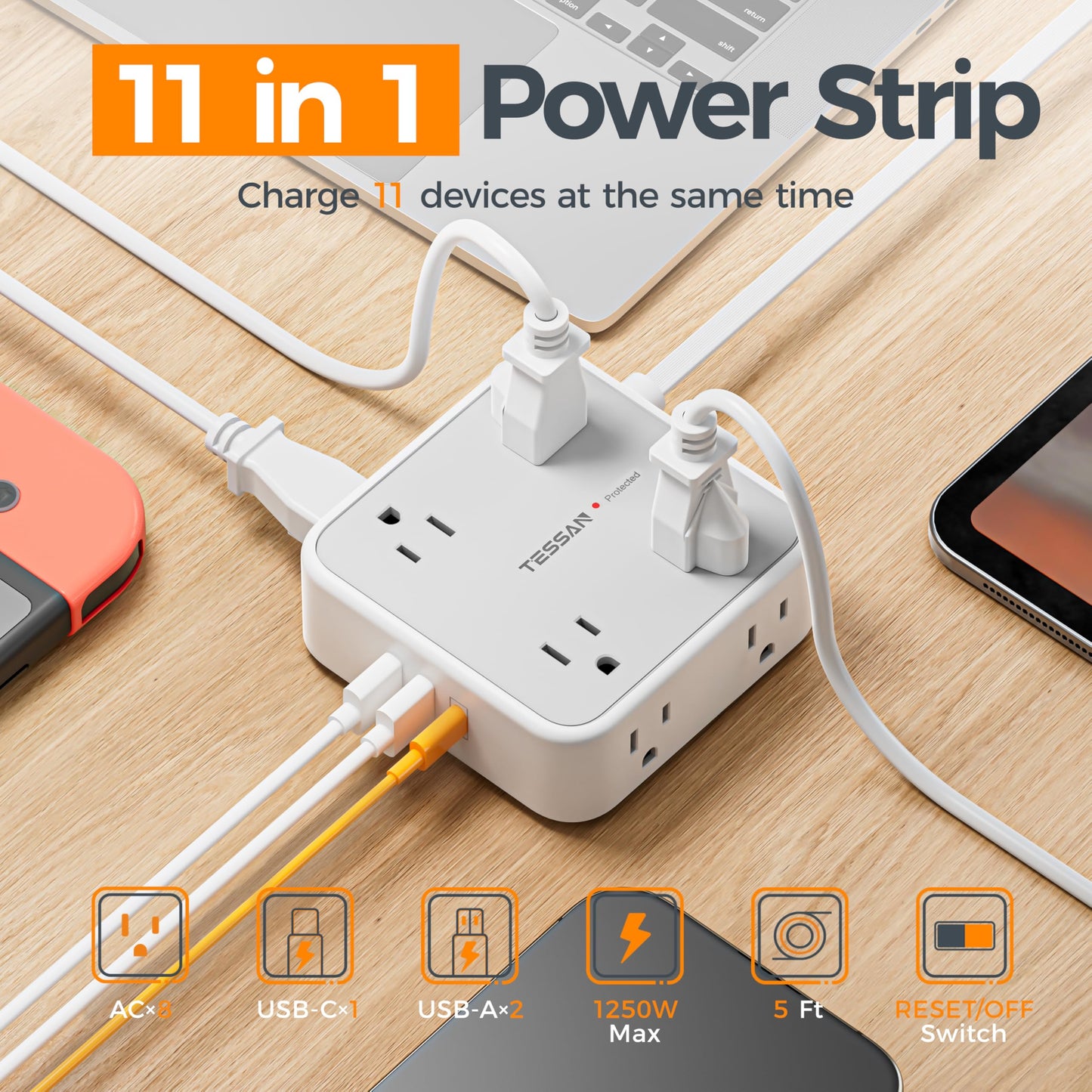 TESSAN Surge Protector Power Strip, 5 Ft Flat Plug Extension Cord with 3 USB